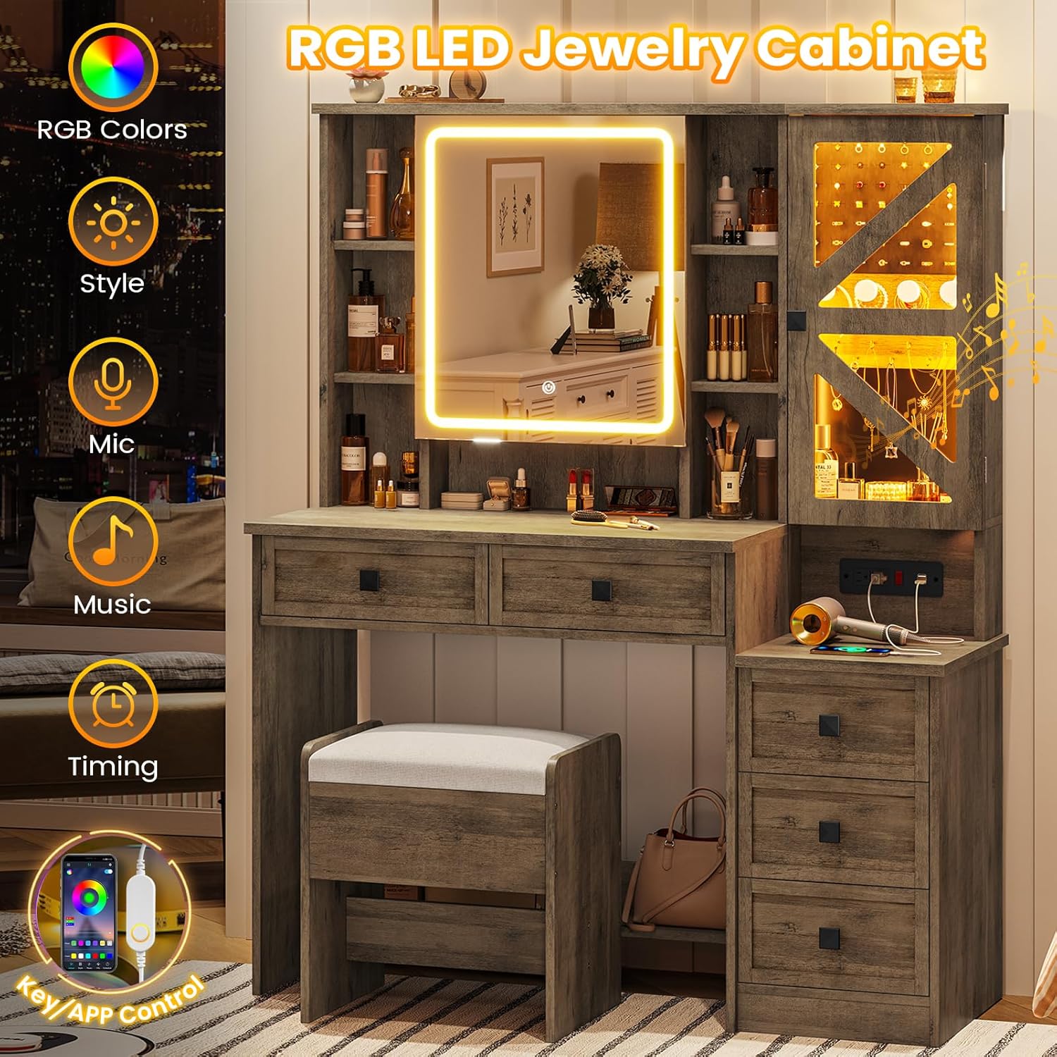 Farmhouse Vanity Desk with Mirror and Lights, Makeup Vanity Set with Lights & Jewelry Cabinet & 5 Drawers, Vanity Table with Charging Station, Hidden Storage Space for Bedroom, Brown