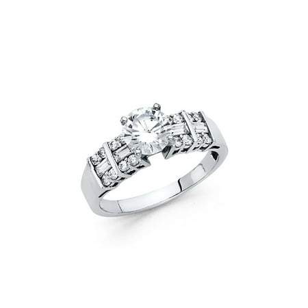 - 14K Solid White Gold Brilliant Cut Solitaire with Baguette and Round Side Stone Cubic Zirconia Engagement Ring, Size 4