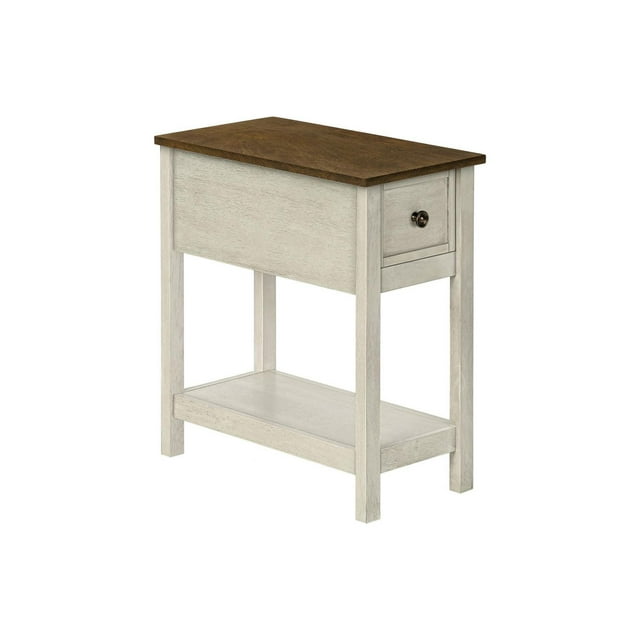 Narrow two-tier accent table with grey veneer body, brown wood top, one drawer with knob handle, and open lower shelf for storage.