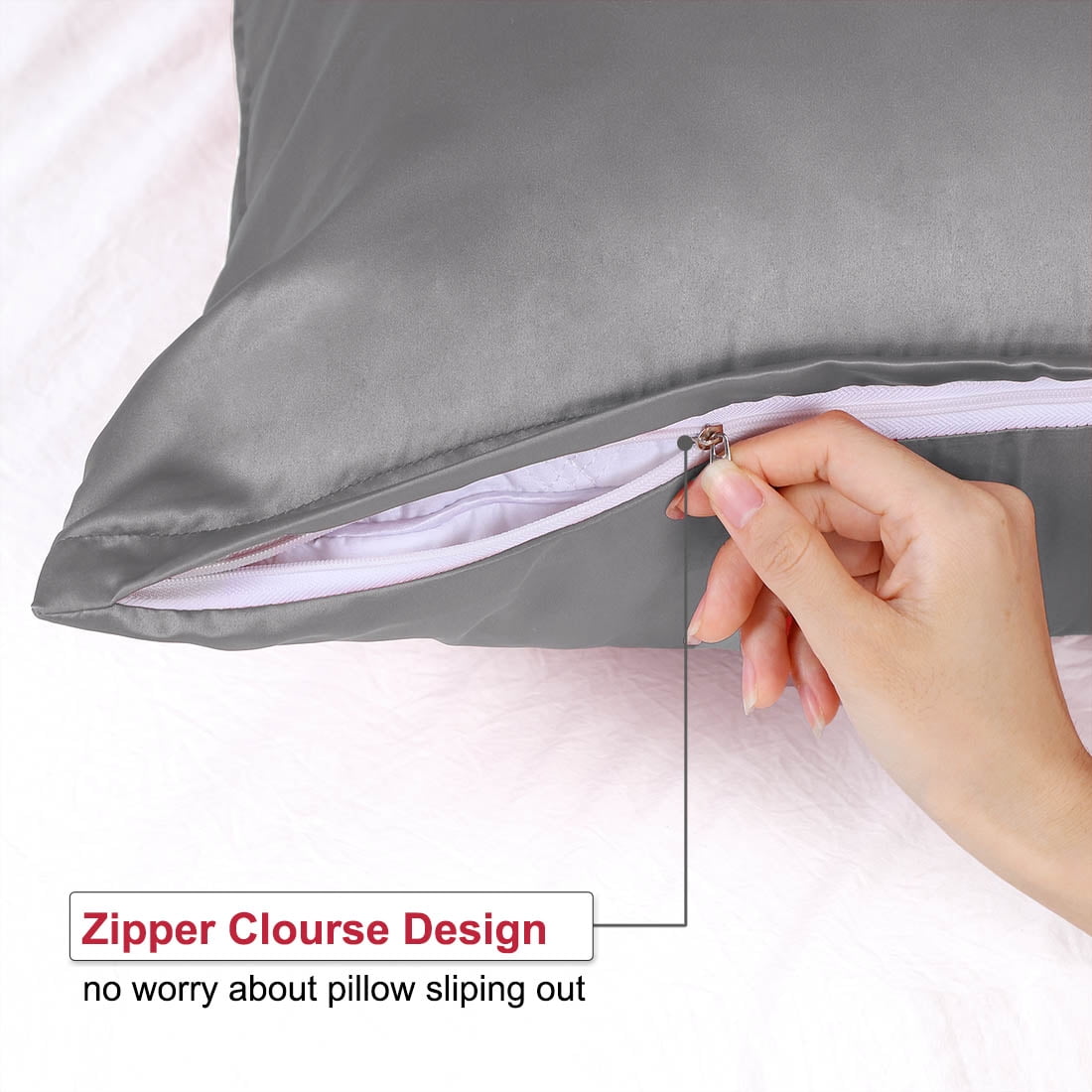 Unique Bargains Pillow Covers Silky Satin Zipper Pillowcases Set of 2 Grey 21" x 31"