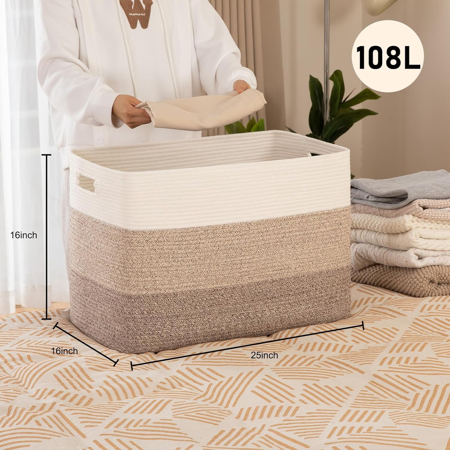 108L Super Large Blanket Basket, 25”x16”x16”(108L) Rectangle Woven Baskets for Storage, Cotton Rope Basket For Living Room, Toy Storage with Handle- Gradient Brown