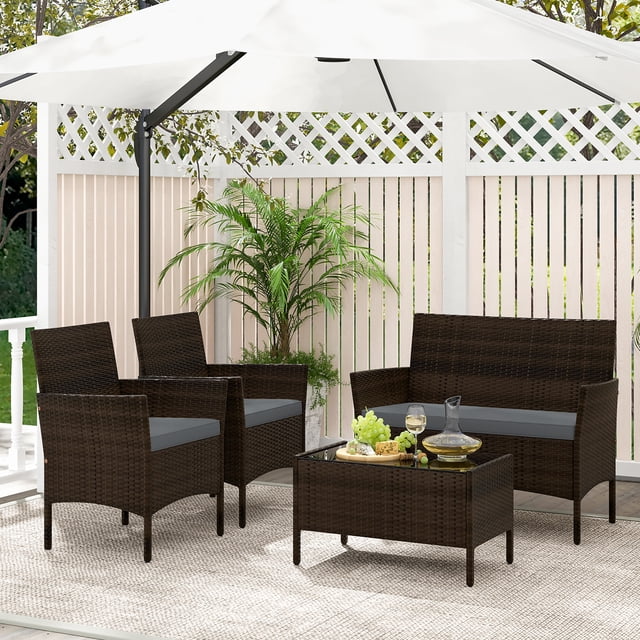 Gymax 4 Piece Patio Rattan Conversation Set Outdoor Wicker Furniture Set w/ Chair & Loveseat