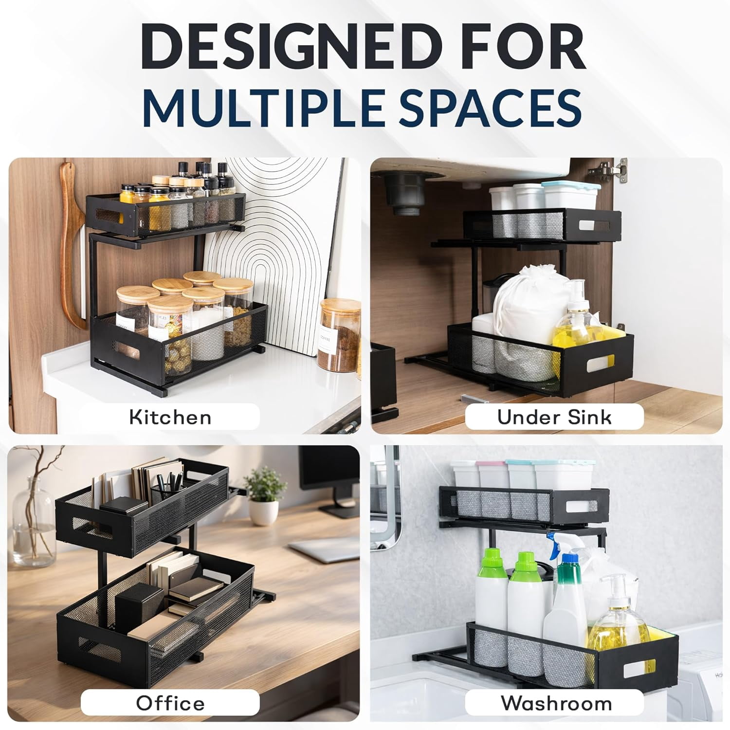 Heavy Duty Matte Black Metal Under Sink Organizer Set of 2 with Retractable Shelves, Adjustable Height, Expandable Storage for Kitchen Bathroom and Laundry Room