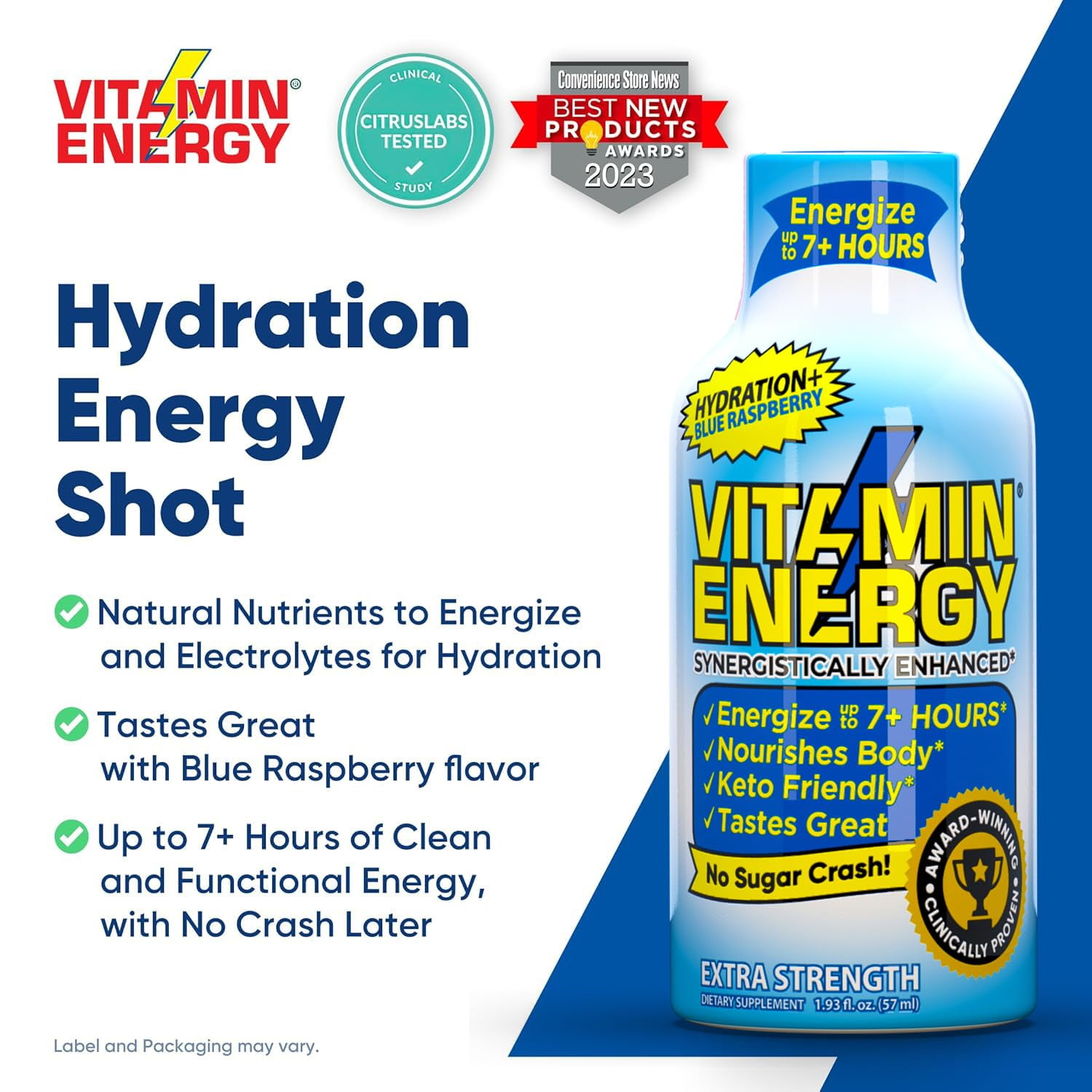 Vitamin Energy Hydration+ Shot, Blue Raspberry, 24 Pack – 260mg Natural Caffeine, Electrolytes & BCAAs, Zero Sugar, 1.93 fl oz