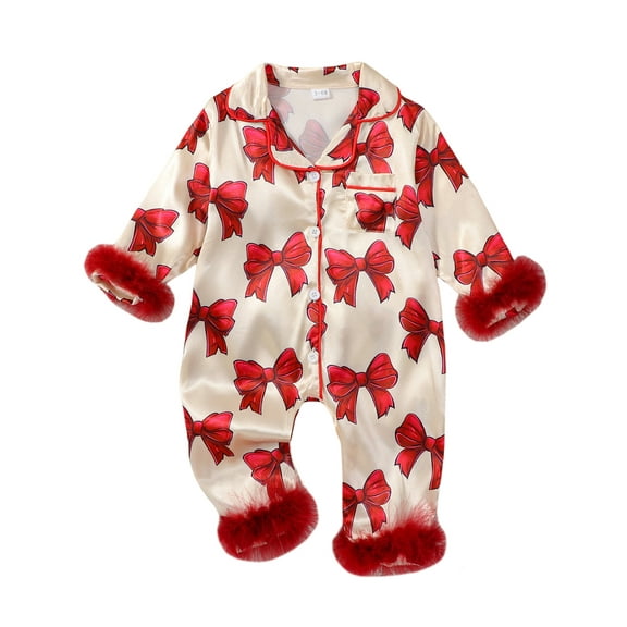 Suealasg Baby Girls Pajamas, Long Sleeve Bow Print Furry Patchwork Button Closure Jumpsuit Sleepwear Loungewear