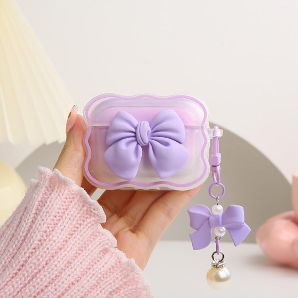 Qld Cover Compatible Con Apple Airpods Pro 2 Generación 2022 Funda Lindo Diseño De Pajarita 3D A Prueba De Golpes Suave Transparente Tpu Kawaii Airpods Pro2 Protector Con Llavero Para Mujeres Niñas La