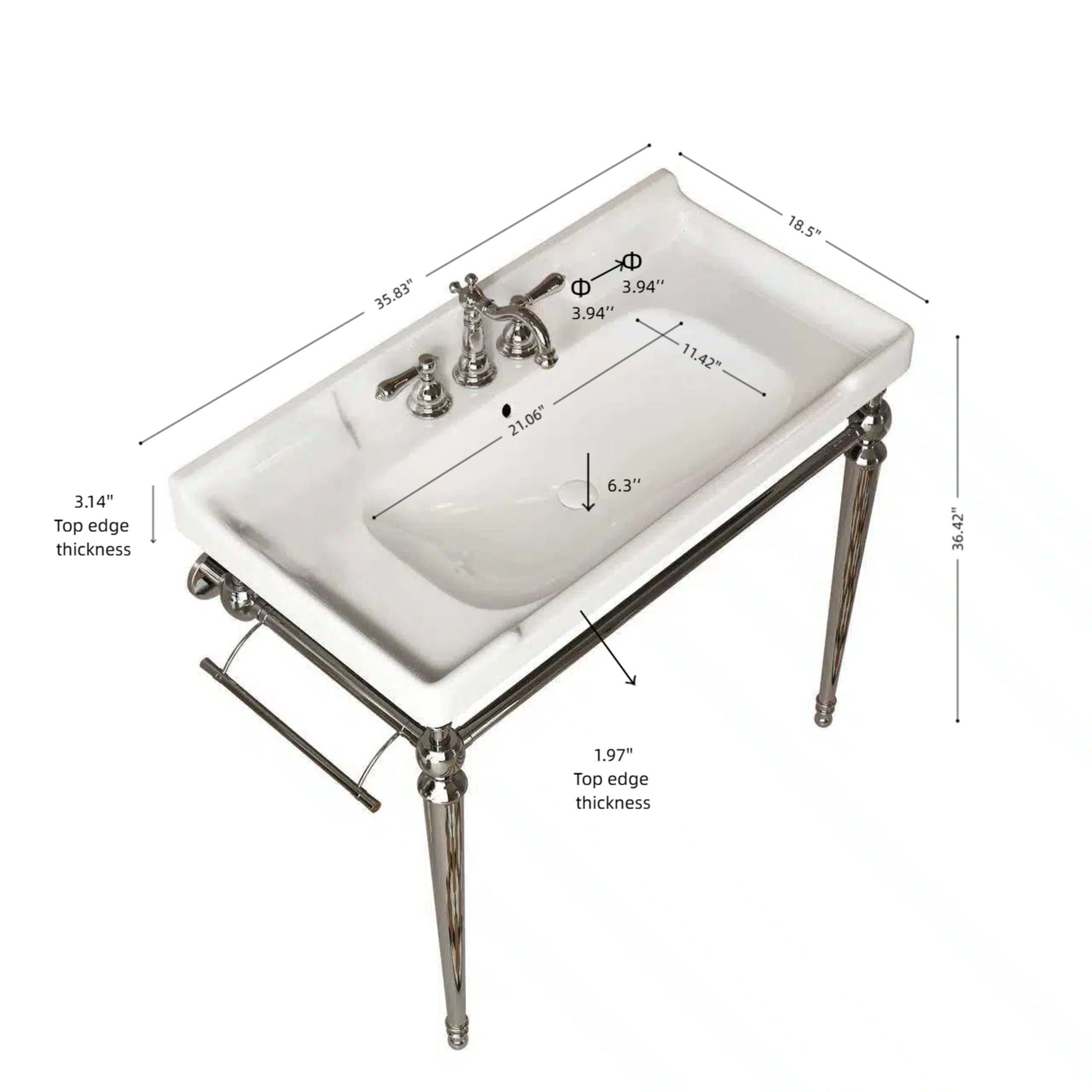 Noble House VICI 36" Bathroom Console Sink, Wall-Mounted Ceramic Basin Vanity with Stainless Steel Legs, White & Chrome