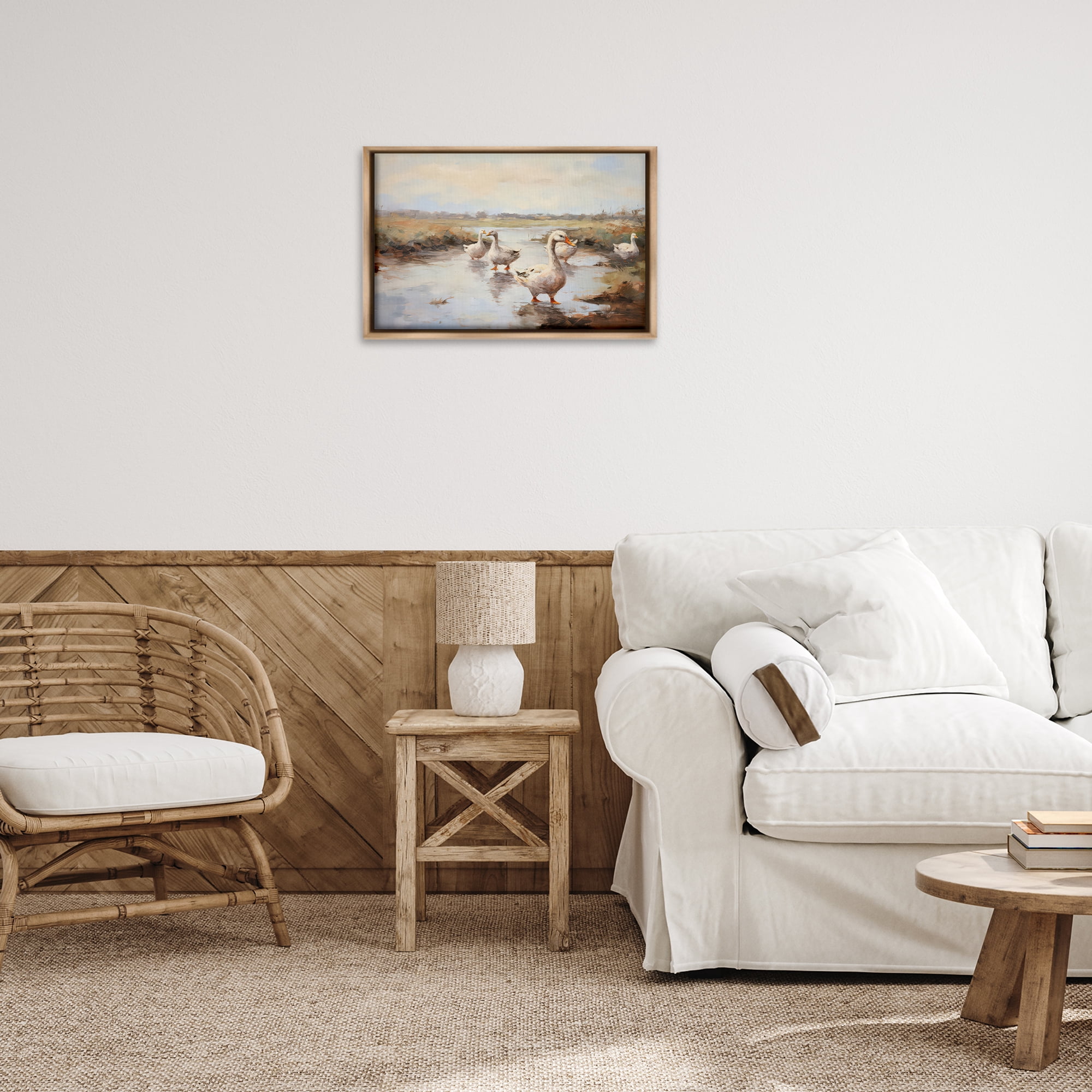 Stupell Industries Swan Family Traditional Pond Landscape & Nature Painting Brown Floater Framed Canvas Art Print Wall Art, 25 x 17