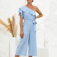 thumbnail image 4 of Gibobby Mono Ajustado de Verano Mujer Verano Casual Hombro inclinado Manga corta Volantes Cintura alta Pantalones largos Monos de pierna ancha Mamelucos(Aqua， M), 4 of 5