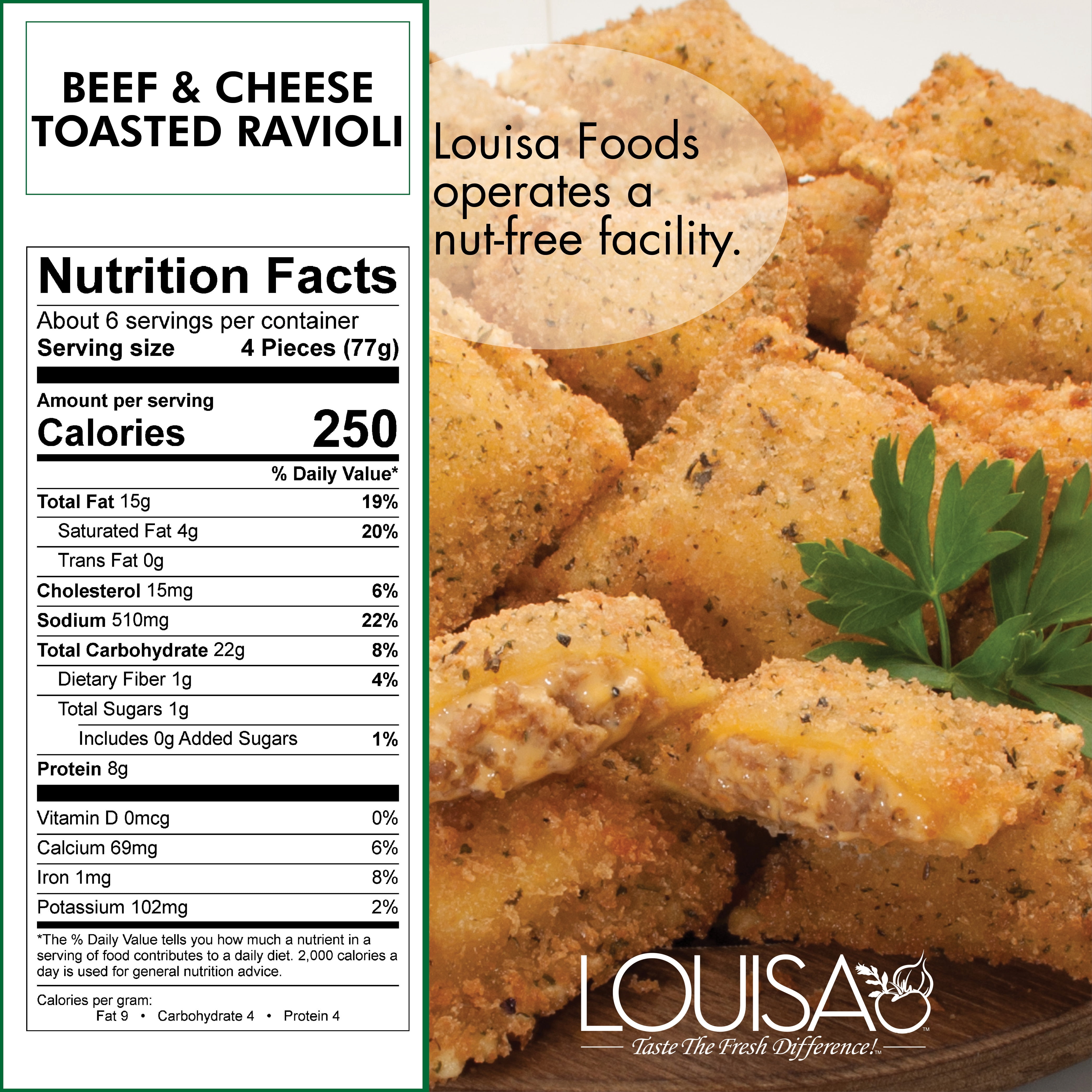 Louisa Toasted Beef & Cheese Ravioli, 16 oz Box – Frozen Pasta Meal with Italian Breadcrumbs, Quick Dinner or Appetizer
