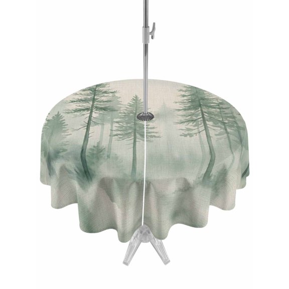 Outdoor Tablecloth with Umbrella Hole for Patio/Picnic/Party/Camping, Watercolor Green Forest Waterproof Table Cloth Round Cover Washable, Misty Cloud Trees Linen Texture (Dia 60")