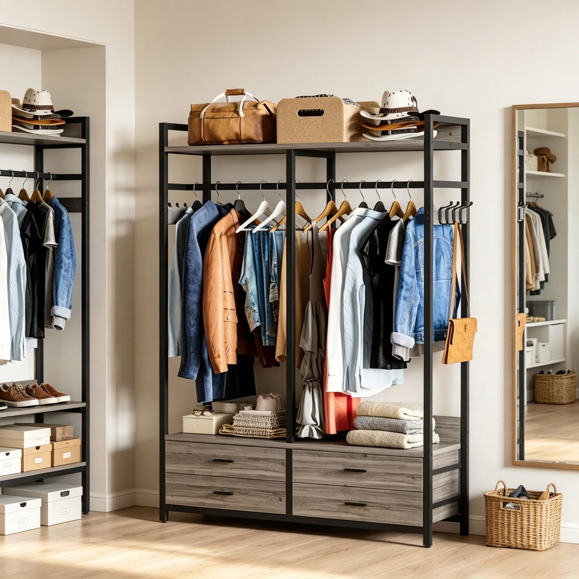 Coat Rack with Shelves, 4 Drawers, and 8 Hooks, 72.83 in