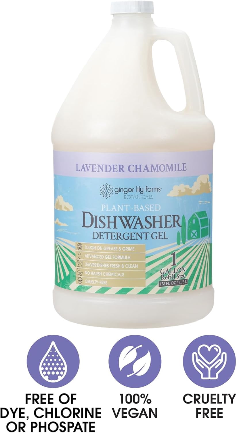 Ginger Lily Farms Botanicals Plant-Based Dishwasher Detergent Gel, 100% Vegan & Cruelty-Free, Lavender Chamomile Scent, 1 Gallon (128 Fl Oz) Refill