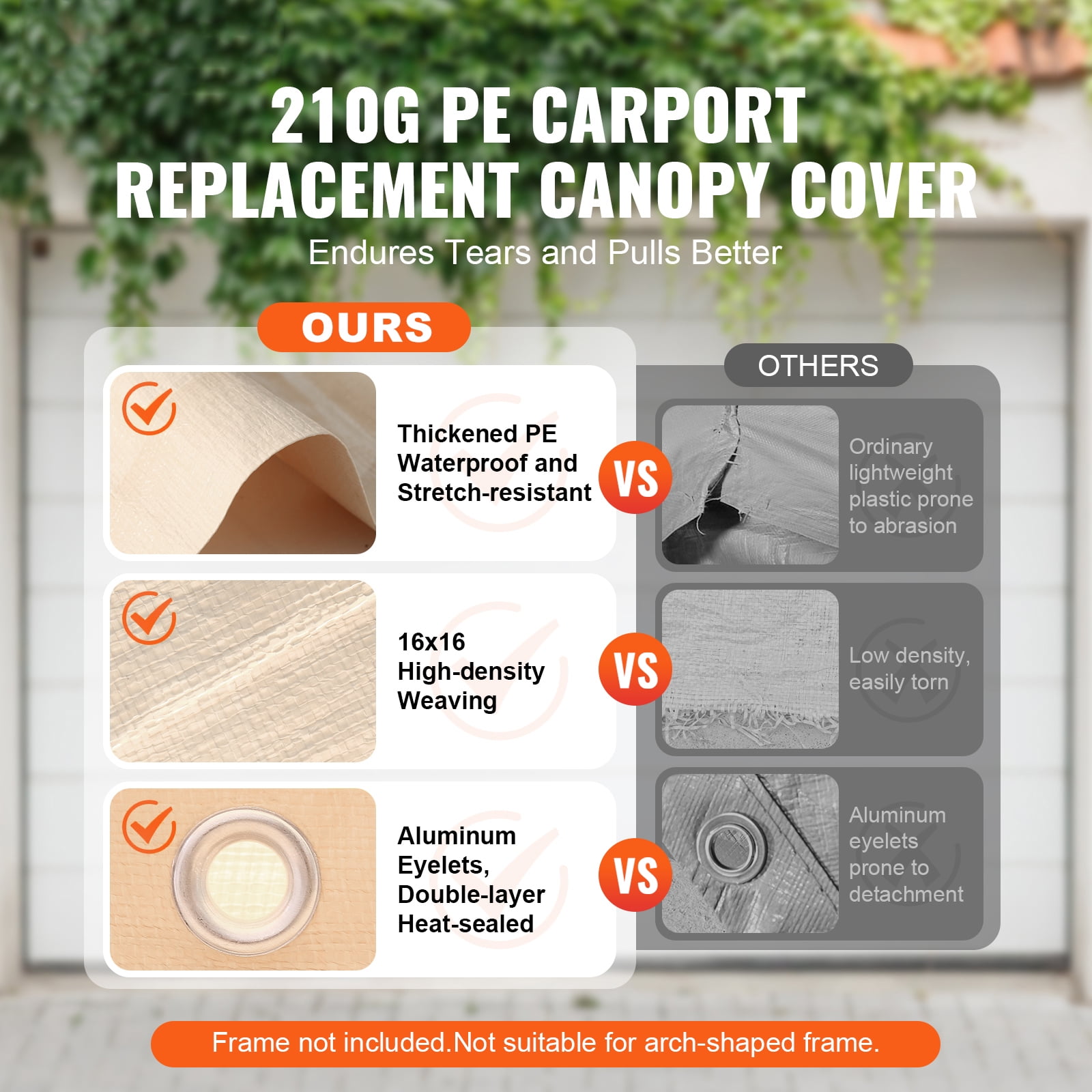 KFFKFF 10 x 20 Feet Car Shelter Tent Cover Carport Replacement Canopy Beige
