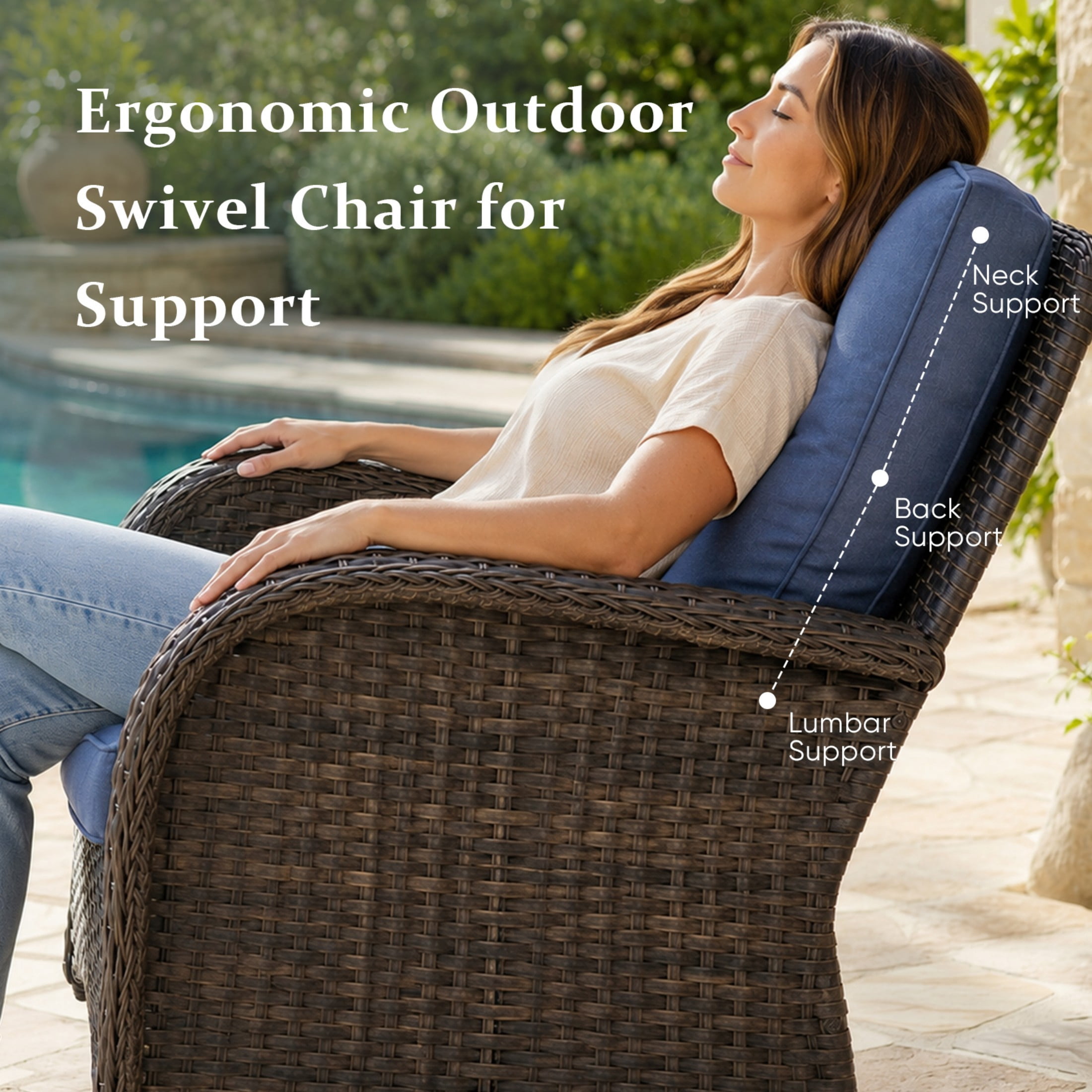 Unnifurnzi 5 Pieces Outdoor Wicker Patio Furniture Set-High Back Outdoor Rocking Chairs Set of 2 with Ottoman Patio Conversation Sets for Deck Lawn Porch Balcony Poolside-Brown/Blue