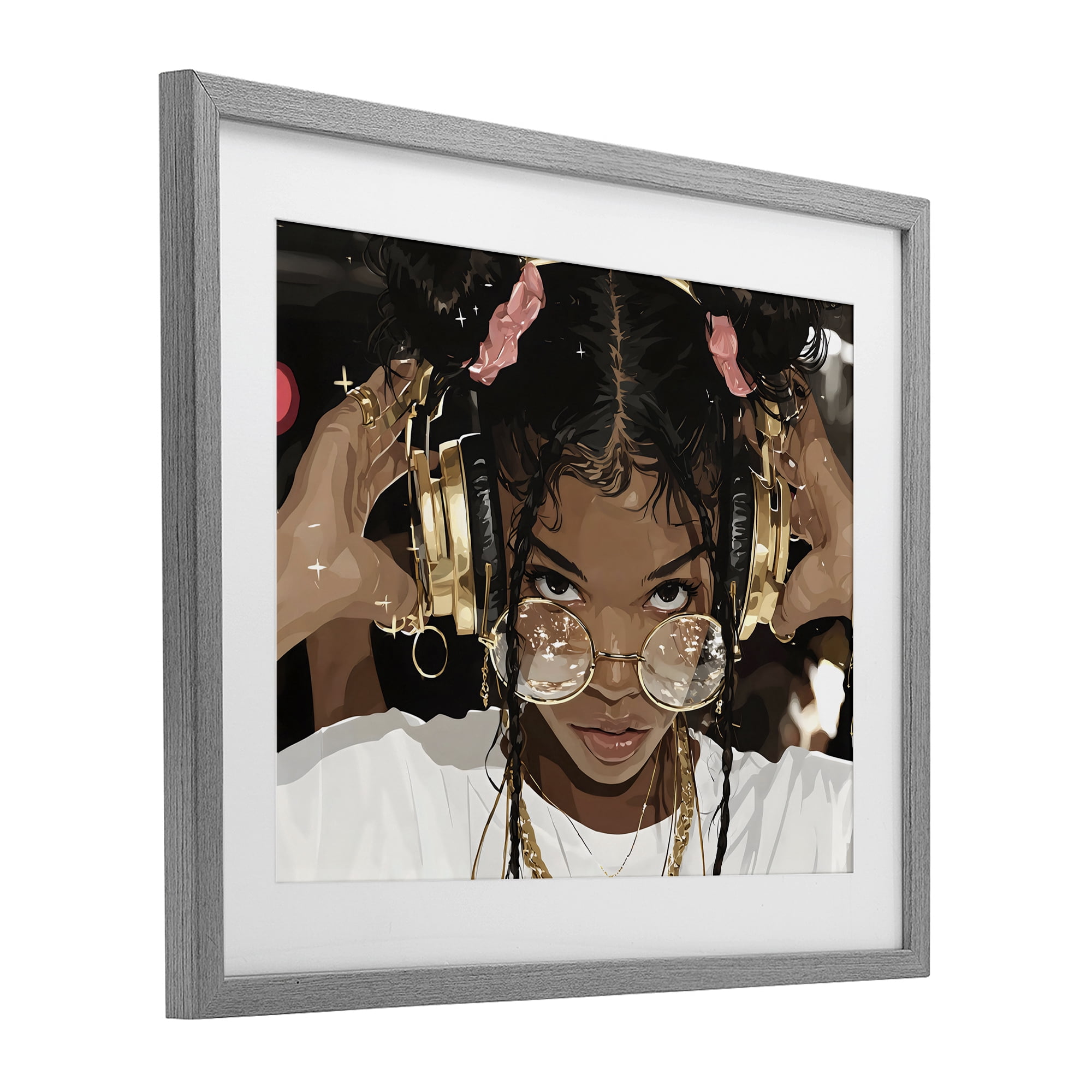 Stupell Industries Trendy Girl with Gold Headphones Gray Framed Print Under Glass, design by Franklyn Gregory