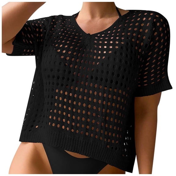 BYHONG Womens Summer V Neck Short Sleeve Button Down Sweater Casual Crochet Hollow Out Knit Tops Beach Coverup Blouses for women Black L