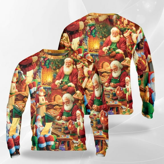 Santa Baking Christmas Sweatshirt, Cozy Holiday Crewneck, Santa Baking Cookies and Gifts, Festive Xmas Pullover for Men Women, Warm Christmas Scene
