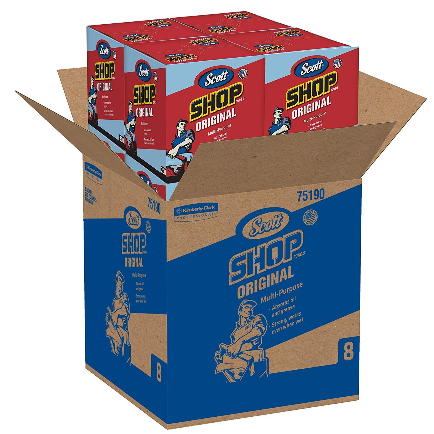Kimberly-Clark Shop Towels Original Blue Pop-Up Dispenser - 200 Sheets, Blue, 8 Boxes