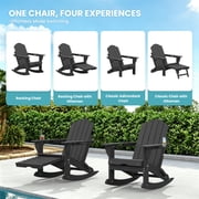 Set of 2 HDPE Adirondack Rocking Chairs with Ottoman, Folding 4-in-1 Patio Rocker, Gray
