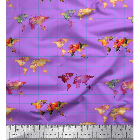 Soimoi Purple Silk Fabric Check & World Map Decor Fabric Printed Yard 42 Inch Wide
