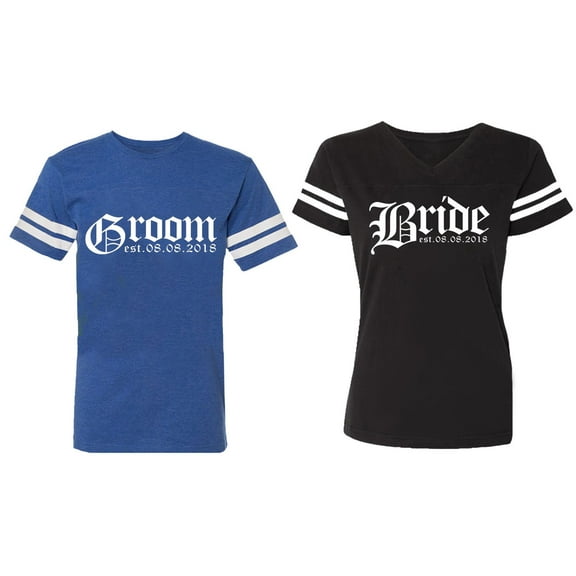 Broom Bride Matching Couple Cotton Jerseys (Men Royal / Women Black) (Men S / Women S)