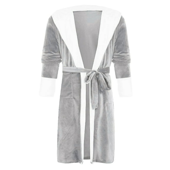Hvyesh Mens Shawl Collar Fleece Bathrobe Trendy Patchwork Long Hooded Robe Comfy Home Pajamas Spa Robe