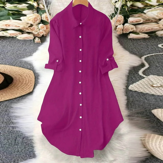 Soki Robe Chemise Boutonnée pour Femmes avec Poches, Col Oversize, Manches Longues, Tunique Asymétrique