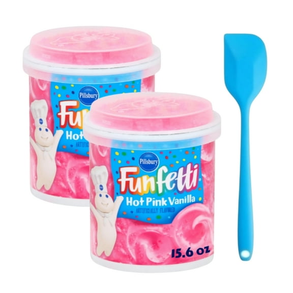Pillsbury Funfetti Hot Pink Vanilla Frosting, 15.6 Oz Tub (2 pack) and 8in Silicone Spatula (Color Varies)