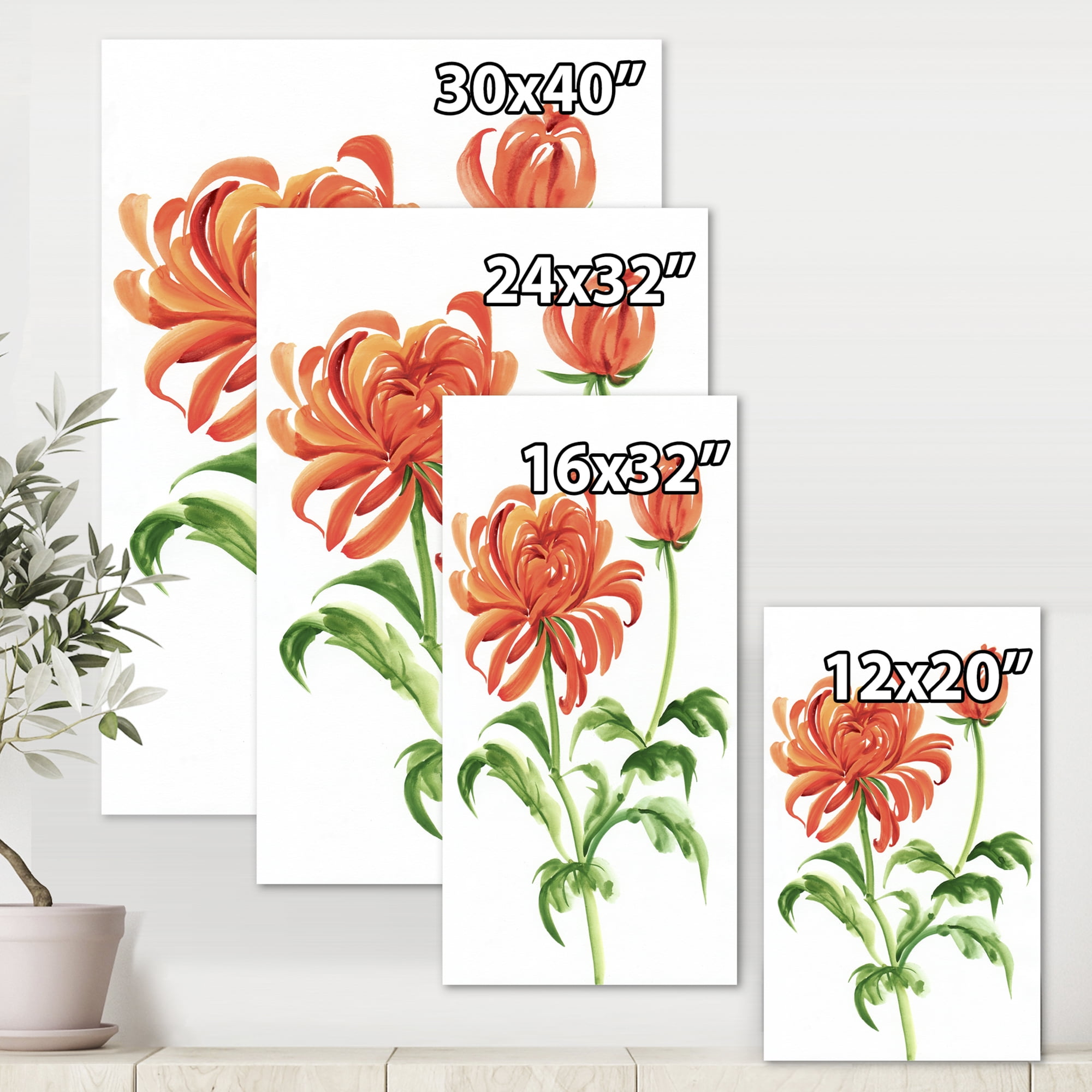 Ancient Orange Chrysanthemum Flower 16 in x 32 in Painting Canvas Art Print, by Designart