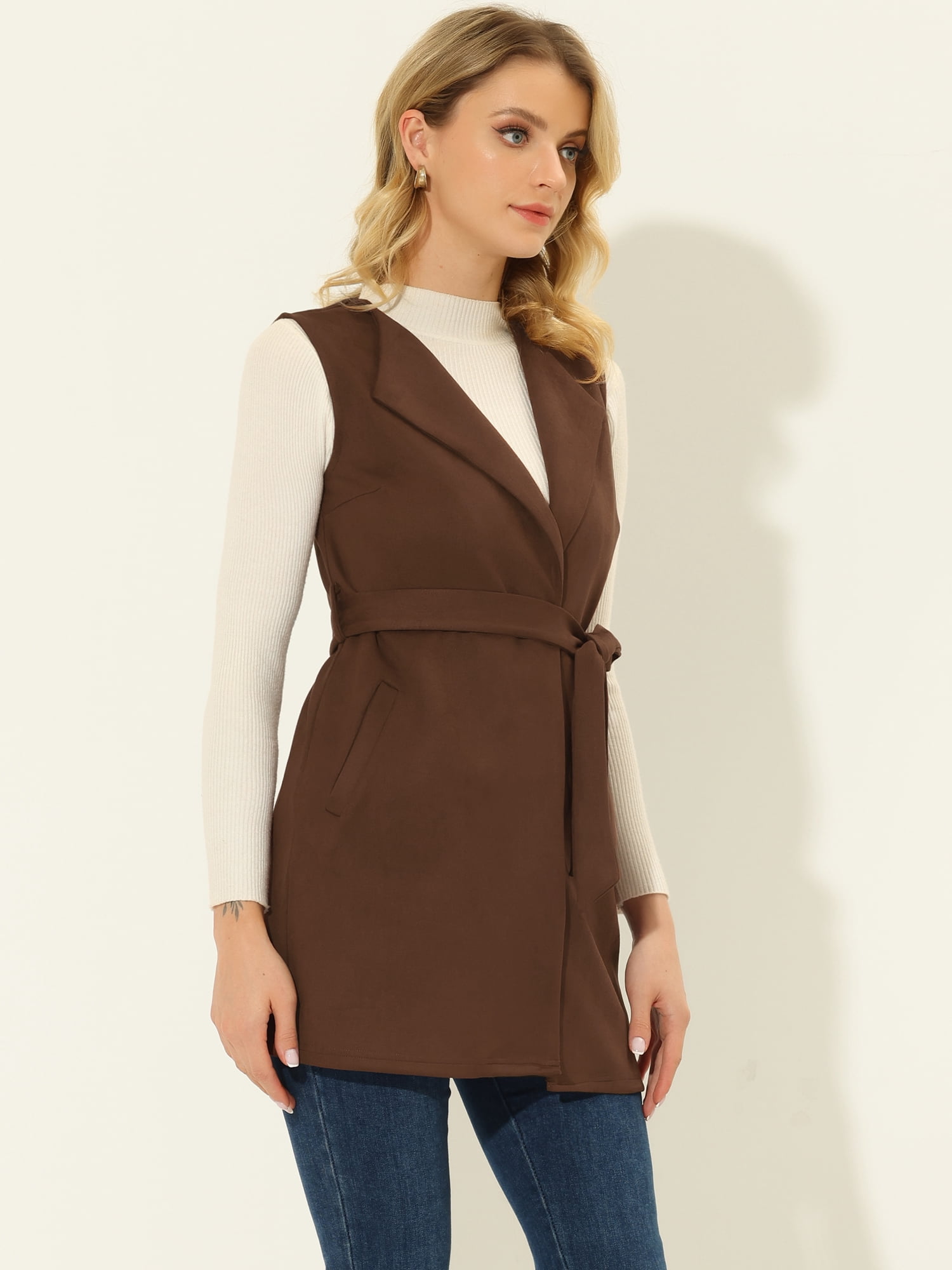 DARING DIVA Women's Suede Lapel Collar Tie Waist Blazer Jackets XS Brown