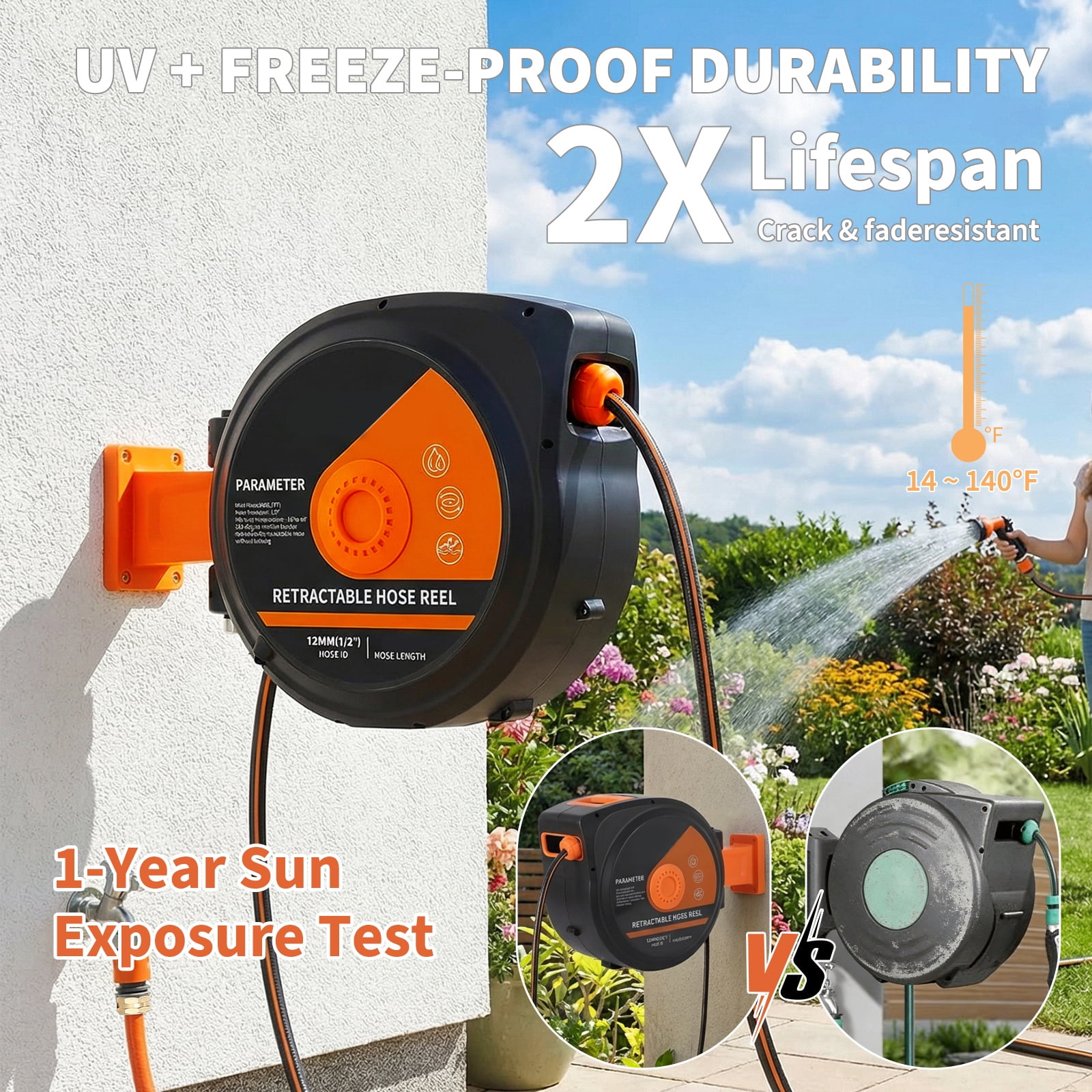 100 Ft X1/2 in Retractable Garden Hose Reel - Wall Mounted Heavy Duty Hose with 10-Pattern Spray Nozzle, Slow Retraction & 180° Swivel Bracket, UV Resistant 3-Layer Protection
