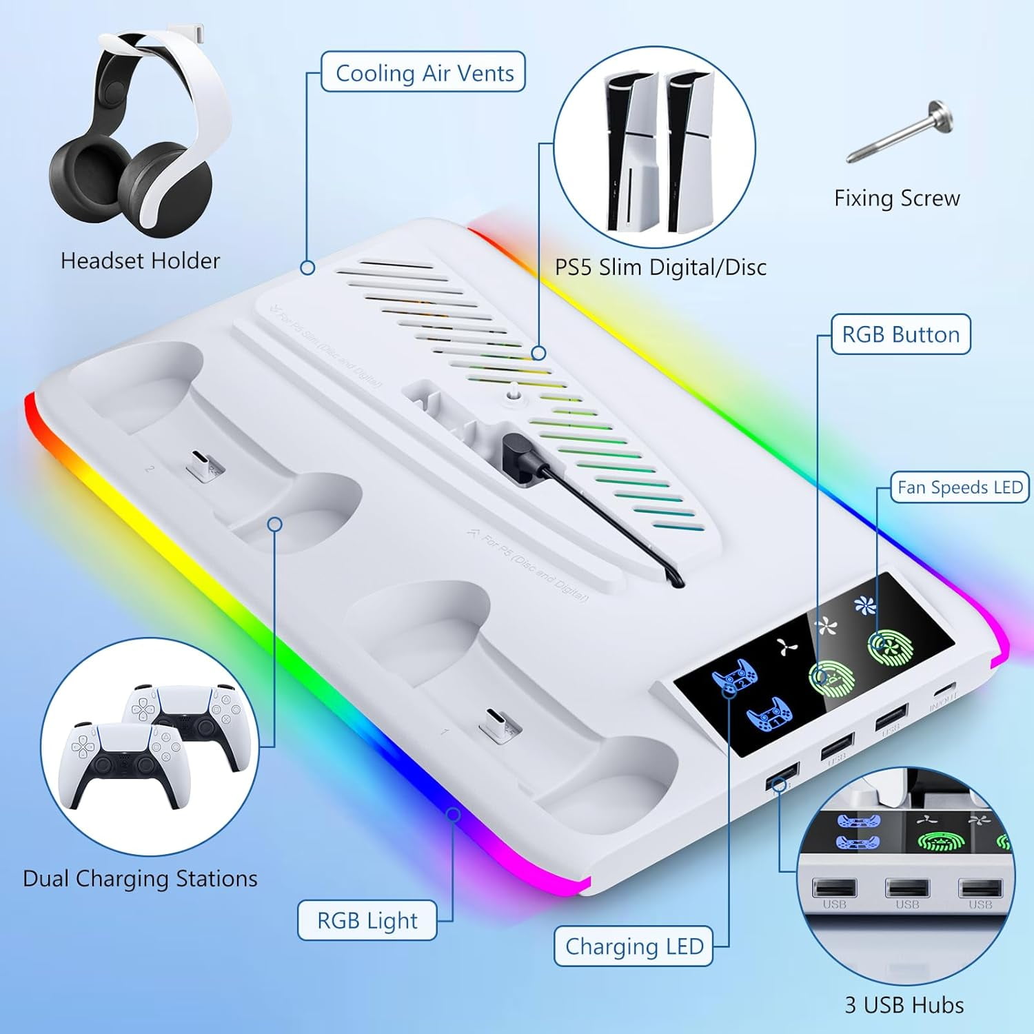 PS5/Slim Cooling & Charging Station,PS5/Slim Stand for Disc & Digital Console,PS5 Controller Charger,PS5 Slim Accessories with 3 Charging Ports, Cooling Fan, Headset Holder