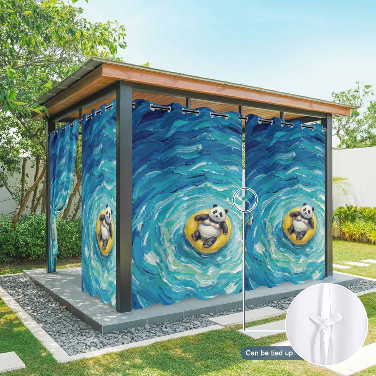 Funny Art Outdoor Curtains for Patio, Summer Panda Swimming Blue Sea View Oil Painting Sunshade Privacy Drapes Grommet Waterproof Outside Curtains for Porch/Cabana/Balcony 54"x 108", 1 Panel
