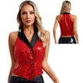 thumbnail image 3 of Blusa elegante con botones a presión y lentejuelas brillantes para mujer, cuello en V, solapa, sin mangas, para fiestas, banquetes, cócteles, fiestas, ropa de club, 3 of 5