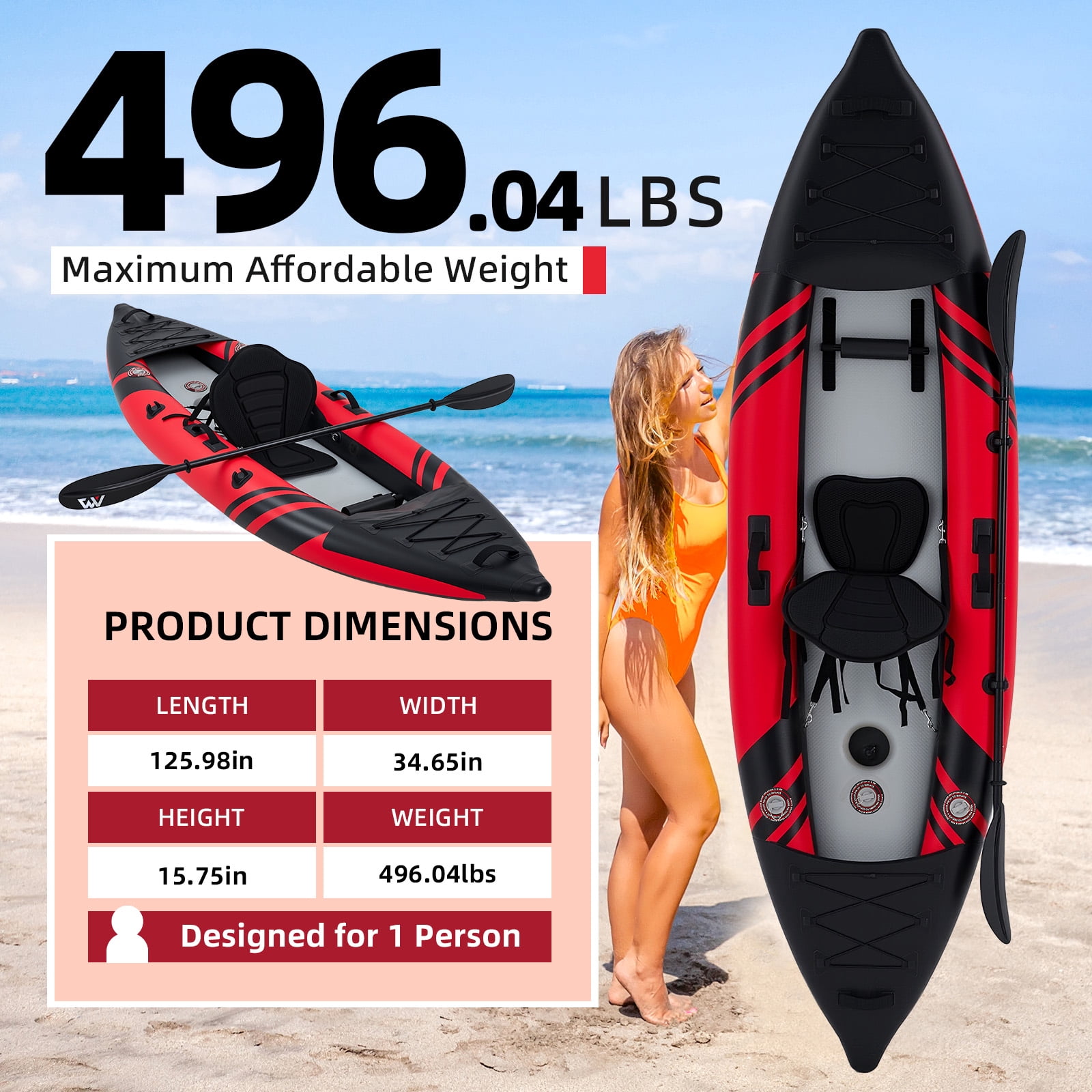 Danrelax 1-Person Inflatable Kayak with Drop-Stitch Floor, Lightweight, Portable, Durable Solo Kayak for Fishing, Touring, and Recreational Paddling, Red
