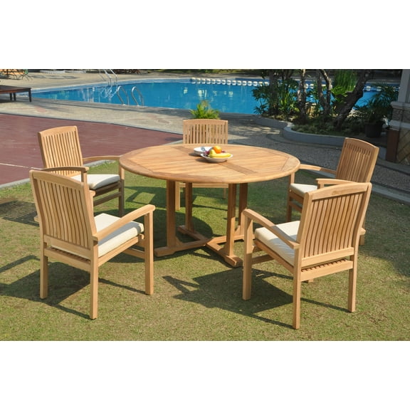Grade-A Teak Dining Set: 5 Seater 6 Pc: 60" Round Table And 5 Wave Stacking Arm Chairs Outdoor Patio WholesaleTeak #WMDSWVm