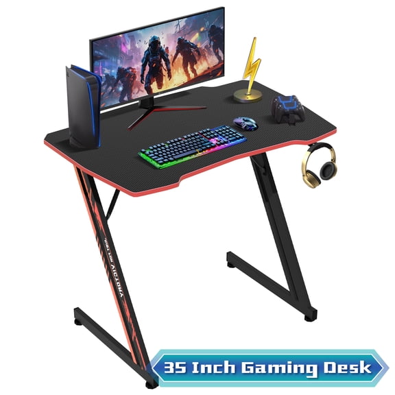 35"L Gaming Desk Z-Shaped Carbon Fiber Surface PC Gamer Table with  Headphone Hook, Computer Desk Gamer Desk Office Desk for Adults&Teen （Red）