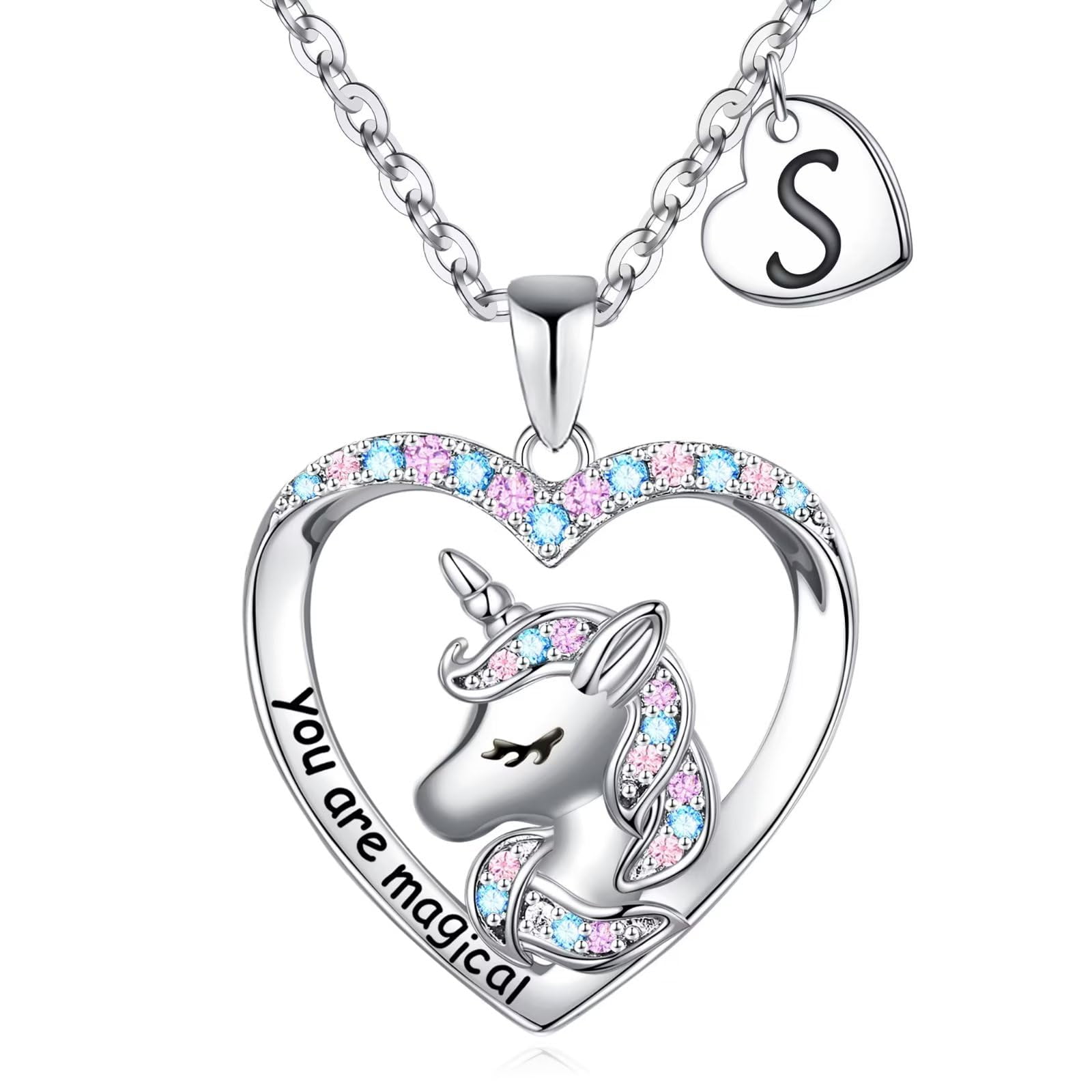 Turandoss Heart Unicorn Initial Necklace for Girls 14K White Plated Colorful CZ Letter a-z Pendant for Teens Little Girls Daughter Granddaughter Niece Jewelry Birthday Gifts for Women
