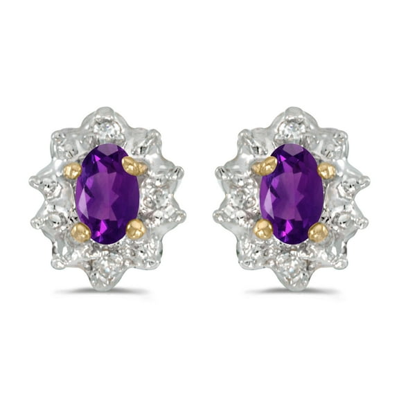 10k Yellow Gold Oval Amethyst And Diamond Earrings