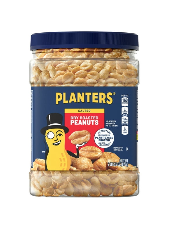PLANTERS Salted Dry Roasted Peanuts, Party Snacks, Plant Based Protein, 2.16 lb Container