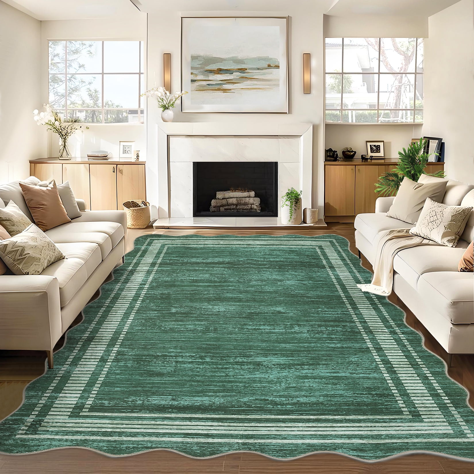 COZONY 10'x13' Modern Scalloped Washable Area Rug, Non-Slip Low-Pile Carpet for Living Room, Dining Area, Green