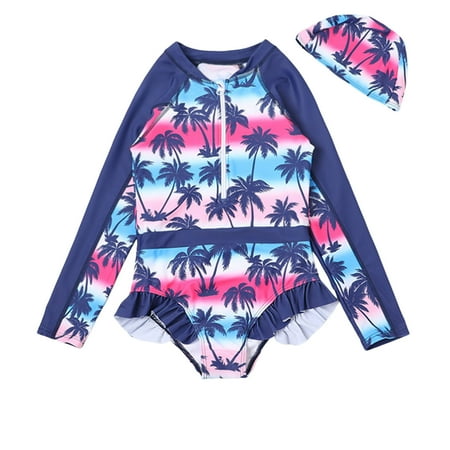Toimothcn Swimsuit For Girls Long Sleeve Casual Hawaiian Floral Printed 2 Piece Bikini Set Quickly Dry Cover Up Swimwear 3-4 Years