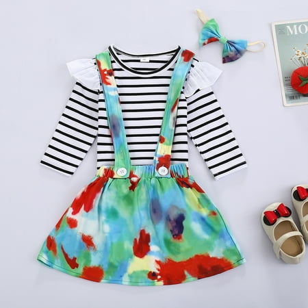 

BadyminCSL Newborn Baby Girl Long Sleeve Stripe Tops+Tie-Dye Suspender Skirt+Headband Set