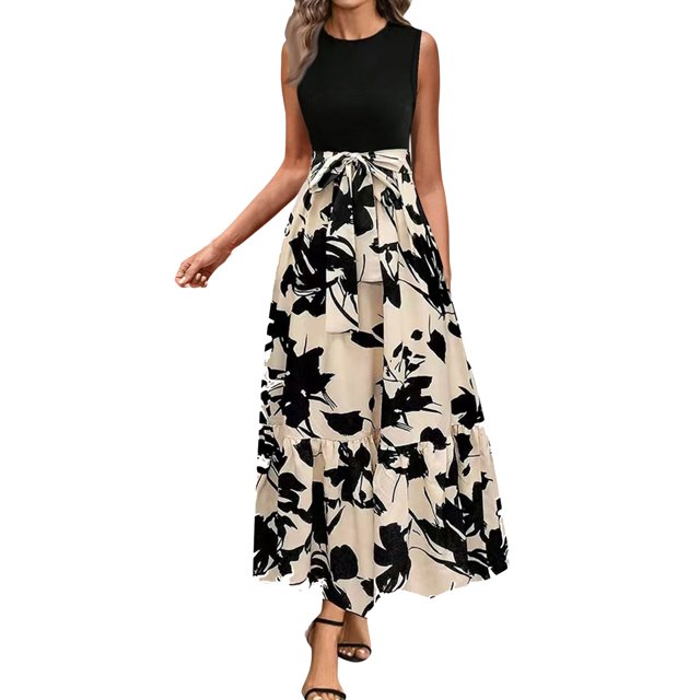 Summer Dresses For Women 2025 Floral Print Wrap Short Sleeve Maxi Dress Patchwork Ruffle A Line Dress