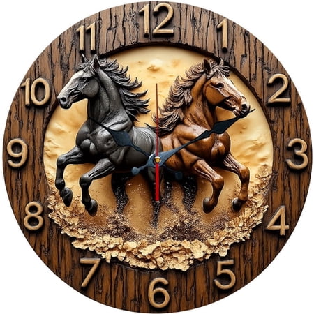 SBEMP10 Inch Silent Wall Clock, 3D Solid Wood Carved Double Running Horse Decorative Wall Clock, Battery Operated Non-Ticking Round Clock for Living Room Bedroom Horse Home Decor