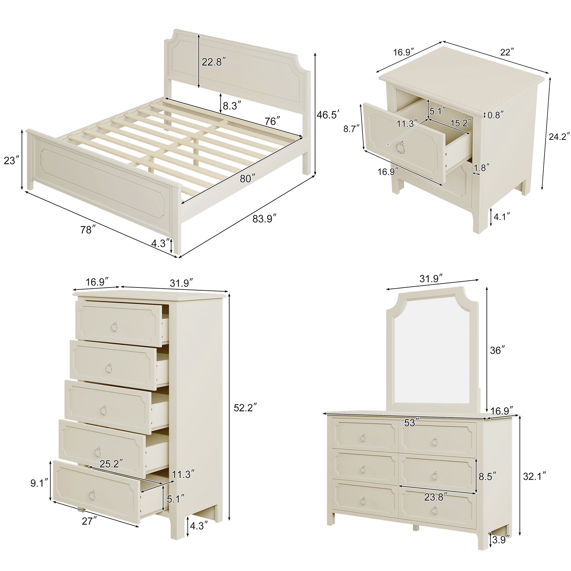Resenkos 6 Pieces Solid Wood Bedroom Furniture Set King Size Platform Bed, Set of 2 Nightstand Chest, Mirror and Dresser Milky White Resenkos 6 Pieces Solid Wood Bedroom Furniture Set King Size Platform Bed, Set of 2 Nightstand Chest, Mirror and Dresser Milky White