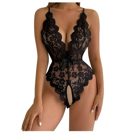 

Qcmgmg Lingerie for Women Lace Crotchless Teddy Bodysuit Deep V Eyelash Sexy Babydoll L