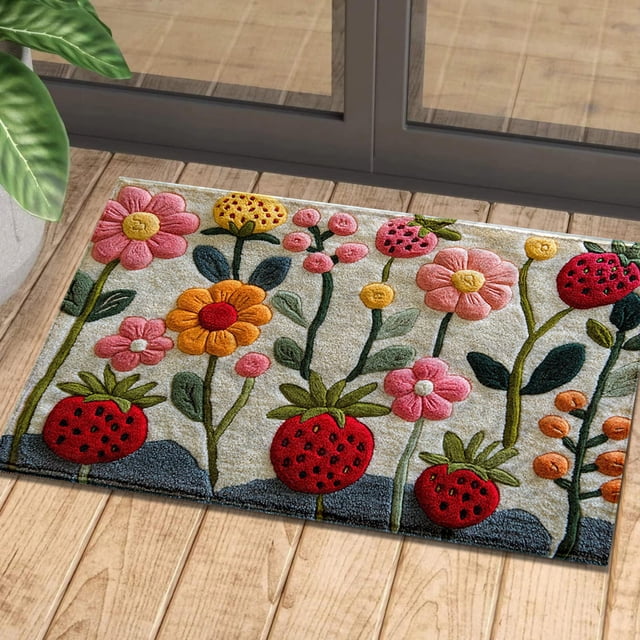HCBY Floral Bath Mat and Area Rug, Non-Slip Absorbent Rug for Bathroom & Bedroom - Machine Washable, Microfiber with Rubber Backing (Red pink green,32"x20")