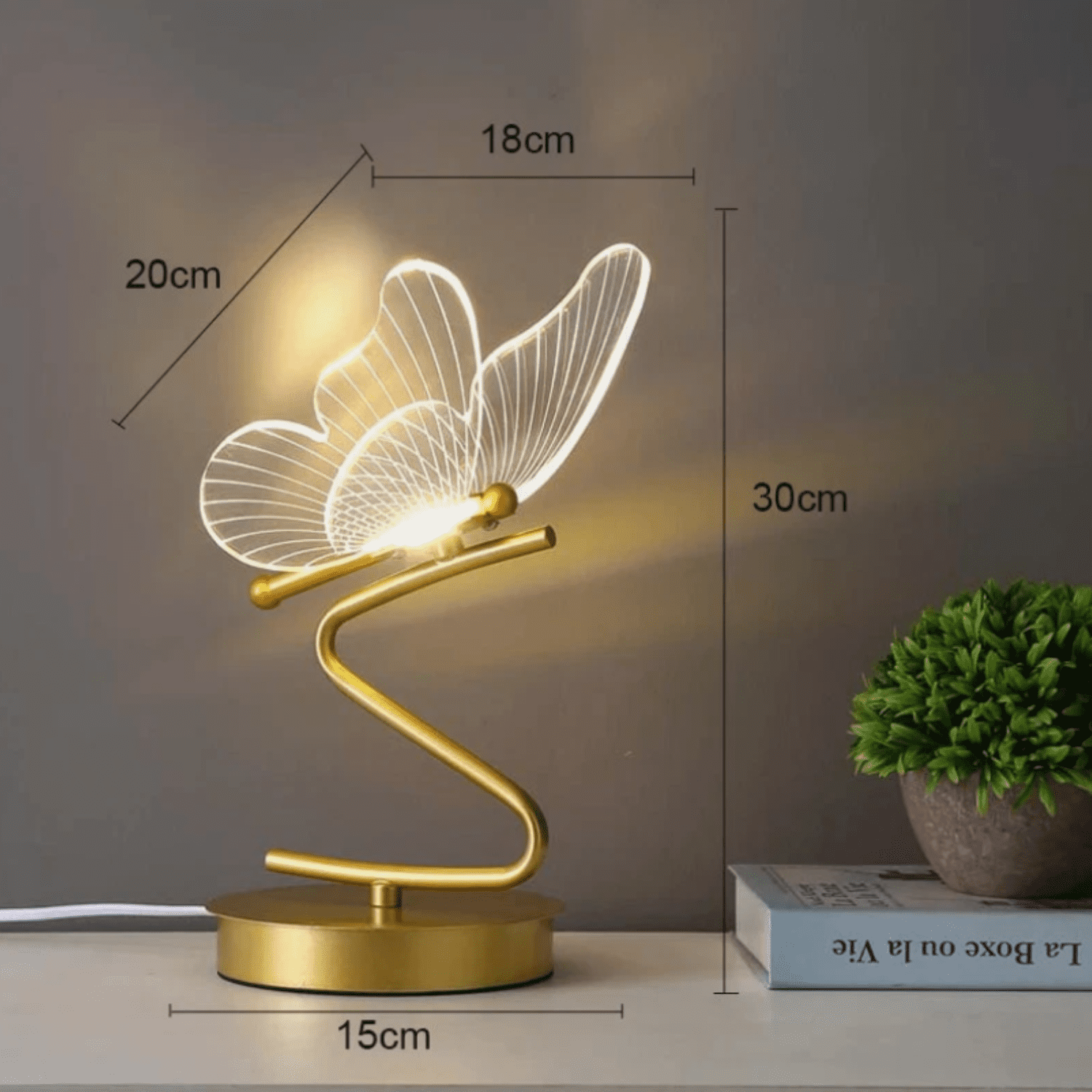 LED Butterfly Table Lamp with Acrylic Wings - 3-Color Dimmable Nordic Desk Lamp for Bedroom - Modern Gold Accent Nightstand Light for Living Room Home Office - Touch Button Base
